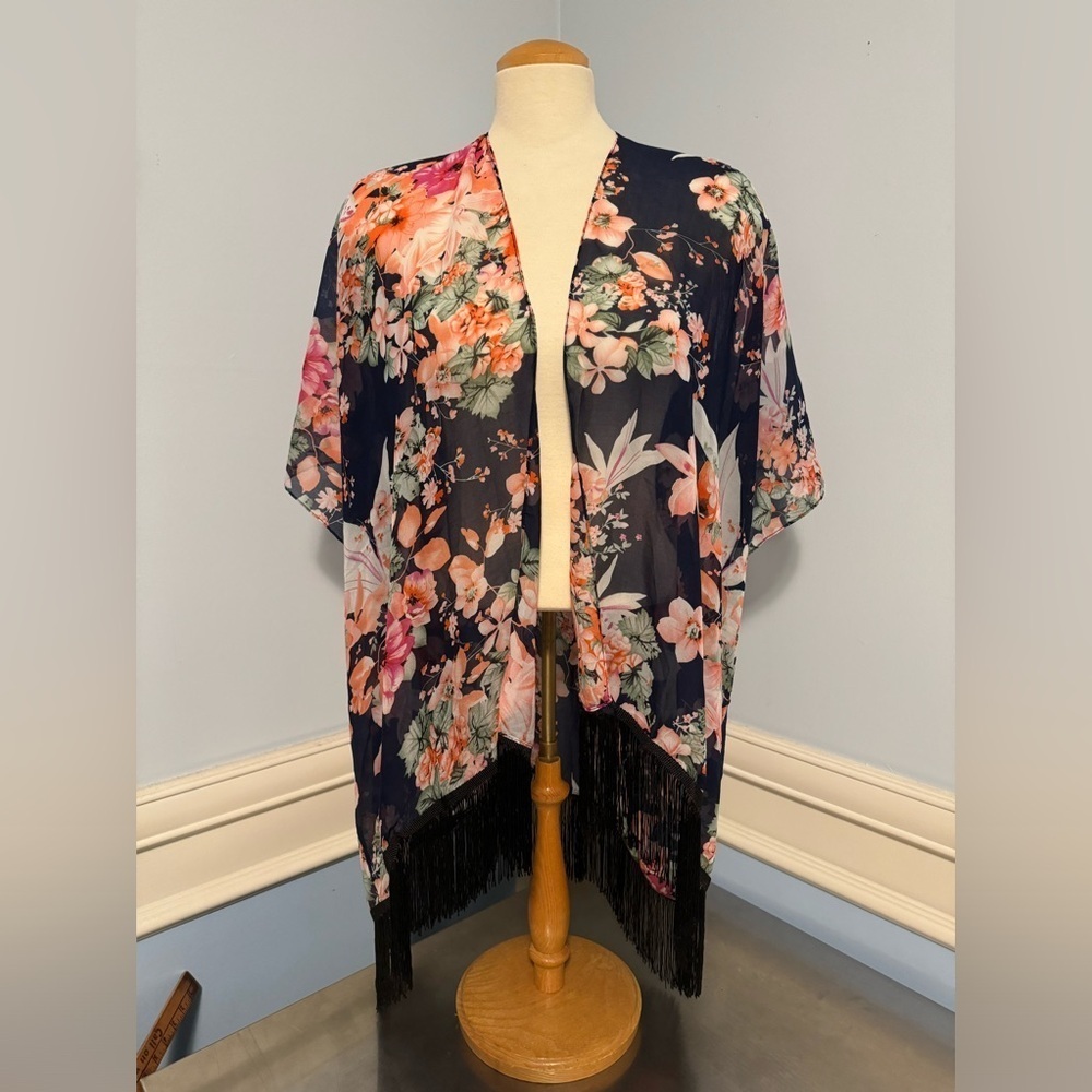 Printed floral boho open duster with fringe